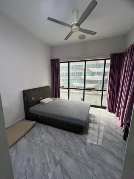 Bedroom features: grey marble tile flooring, white painted walls, 5-blade ceiling fan, floor-to-ceiling windows, purple curtains, queen-size bed, mattress on bed frame, decorative wall with name 'JAY', natural light from windows; style: modern; view: city.