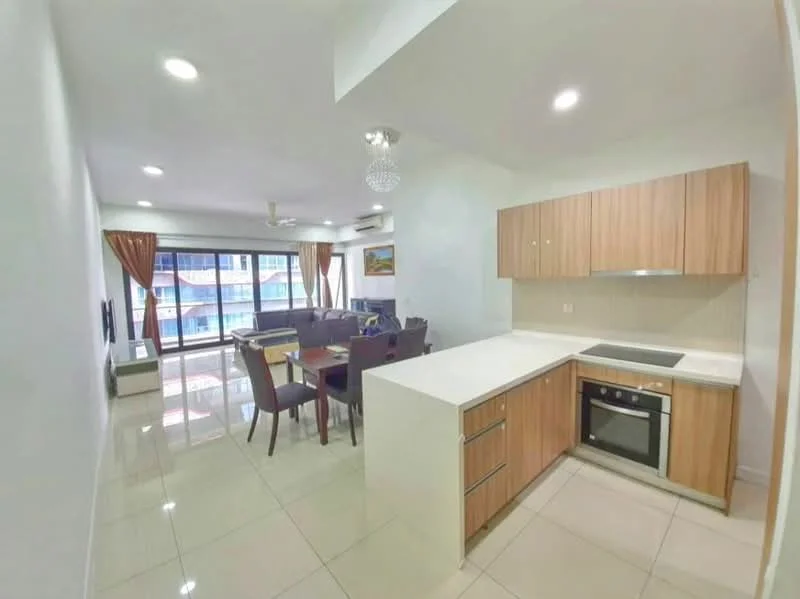 Kitchen features: laminate cabinetry in light wood, white quartz countertop, built-in oven, 4-burner gas hob, stainless-steel sink, chrome pull-down faucet, tile backsplash, recessed downlights; style: modern. Living features: 3-seater fabric sofa in grey, dining table with 6 chairs, TV console, wall-mounted TV, floor-to-ceiling windows, curtains in orange, ceiling fan, polished tile flooring; style: modern; view: city.