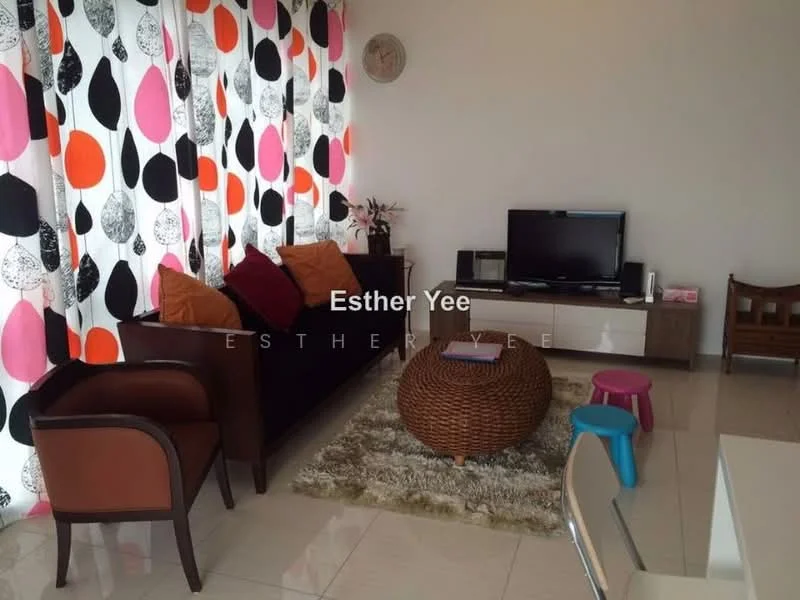 Living features: 3-seater fabric sofa in dark brown, 2 accent chairs in brown, round wicker coffee table, area rug with geometric pattern, wall-mounted TV, TV console in light wood, colorful patterned curtains with pink, black, and white, decorative wall clock, potted plant, small pink stool, small wooden chair; style: modern.