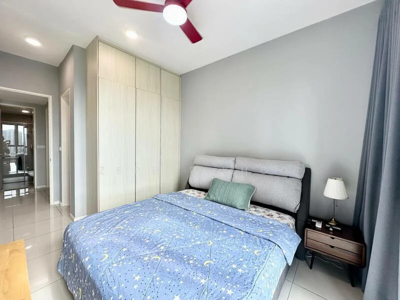 Bedroom features: king-size bed with grey upholstered headboard, blue patterned bedding, nightstand with lamp, built-in wardrobe with sliding doors, grey painted walls, white ceiling, recessed downlights, floor-to-ceiling window with grey curtains, glossy tile flooring, ceiling fan with red blades; style: modern.