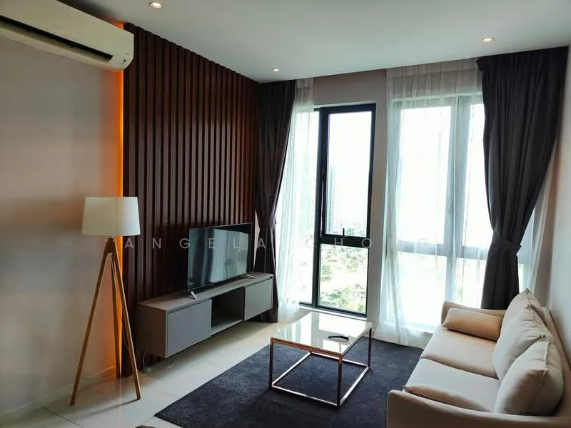 Living features: 3-seater fabric sofa in white, coffee table with metal frame, TV console in light grey, wall-mounted TV, floor-to-ceiling windows, sheer curtains, blackout curtains, wood panel accent wall in dark brown, recessed downlights, 1 wall-mounted split AC, area rug in dark grey; style: modern; view: city.