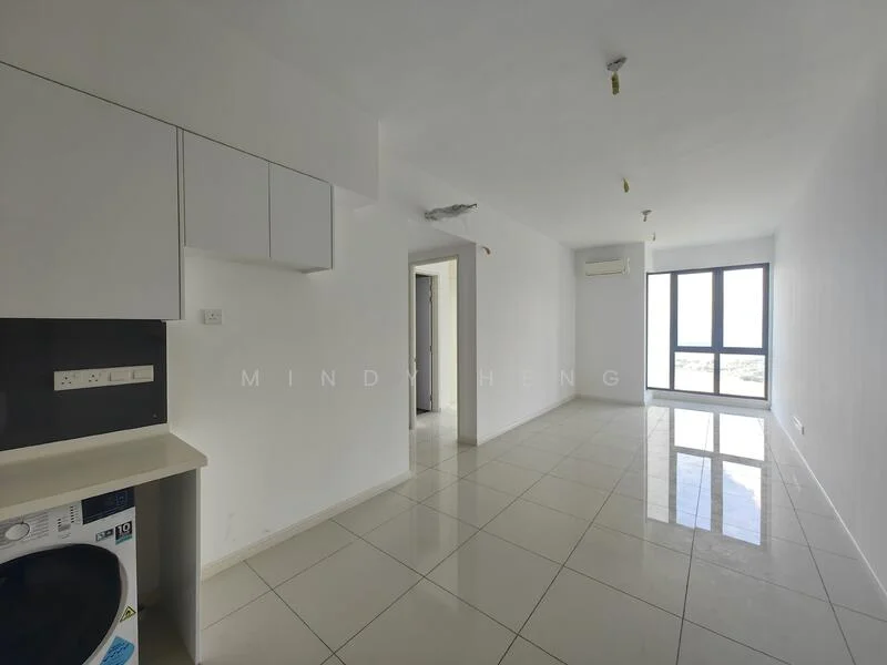Room features: white painted walls, glossy ceramic tile flooring, floor-to-ceiling windows, 1 wall-mounted split AC, recessed downlights, open shelving, laundry area with washing machine, neutral color scheme; style: modern; view: city.