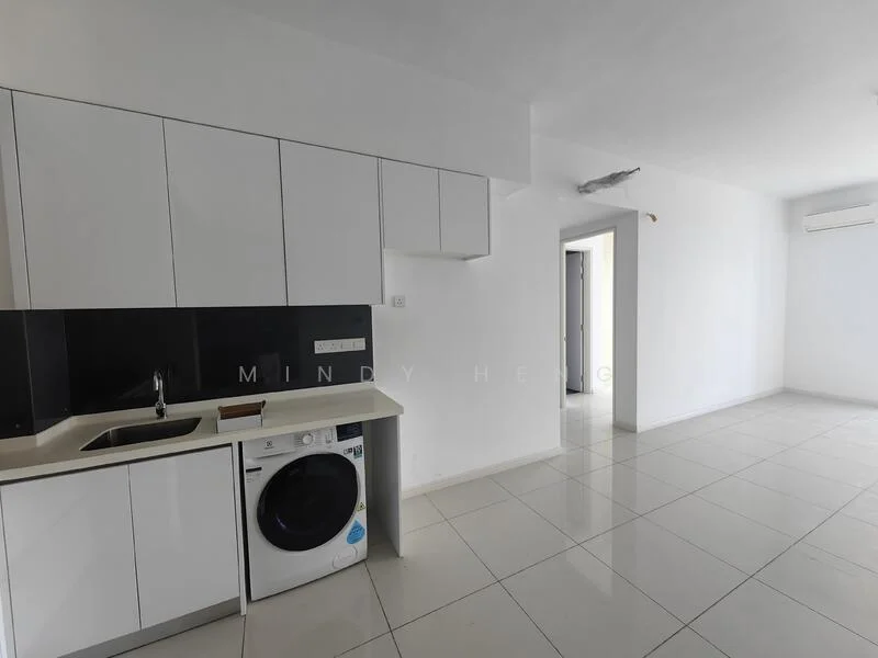 Kitchen features: white cabinetry, black backsplash, single-bowl stainless-steel sink, chrome pull-down faucet, built-in washing machine, ceramic tile flooring, recessed downlights, wall-mounted split AC; style: modern. Room features: white painted walls, ceramic tile flooring, recessed downlights.