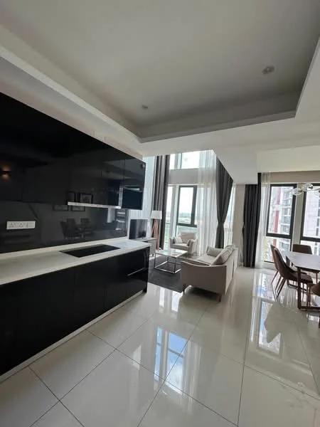 Kitchen features: black glossy cabinetry, white countertop, single-bowl stainless-steel sink, chrome pull-down faucet, built-in oven, freestanding range oven, recessed downlights, marble tile flooring, floor-to-ceiling windows, open layout to living area; style: modern; view: city. Living features: sofa in light beige, coffee table, TV console, area rug, dining table with chairs, floor-to-ceiling windows, curtains, recessed downlights; style: modern; view: city.