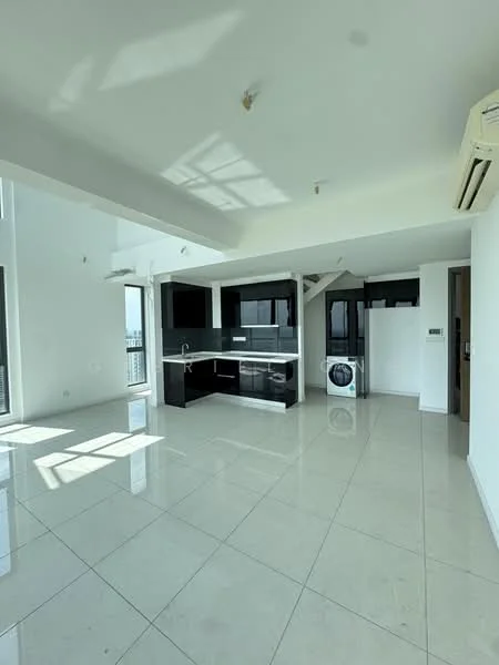 Living features: white painted walls, polished ceramic tile flooring, tray ceiling, recessed downlights, floor-to-ceiling windows, open kitchen layout, black cabinetry, stainless-steel washing machine, kitchen island, countertop with backsplash; style: modern; view: city.