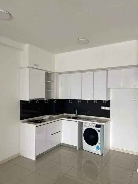 Kitchen features: white cabinetry, black backsplash, stainless-steel sink, chrome pull-down faucet, built-in stove, built-in oven, washing machine, ceramic tile flooring, recessed downlights, open shelving, countertop with space for appliances, wall-mounted cabinets; style: modern.