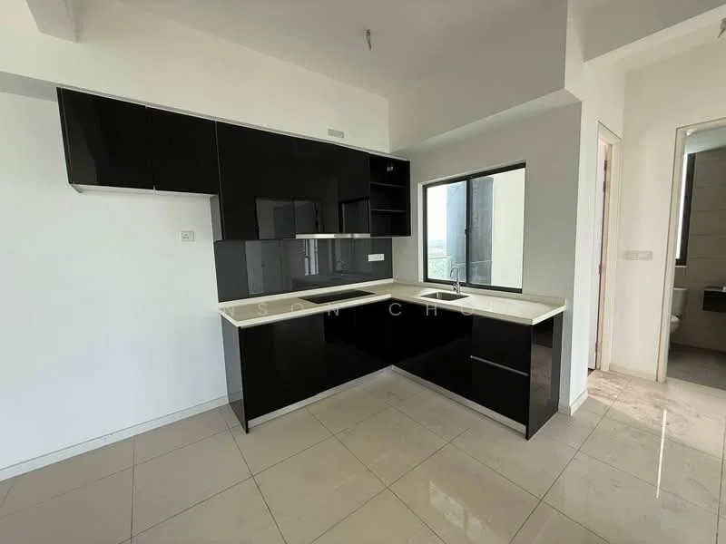 Kitchen features: black high-gloss cabinetry, white countertop, single-bowl stainless-steel sink, chrome pull-down faucet, built-in stove, wall-mounted cabinets, tile flooring, window with city view; style: modern; view: city.