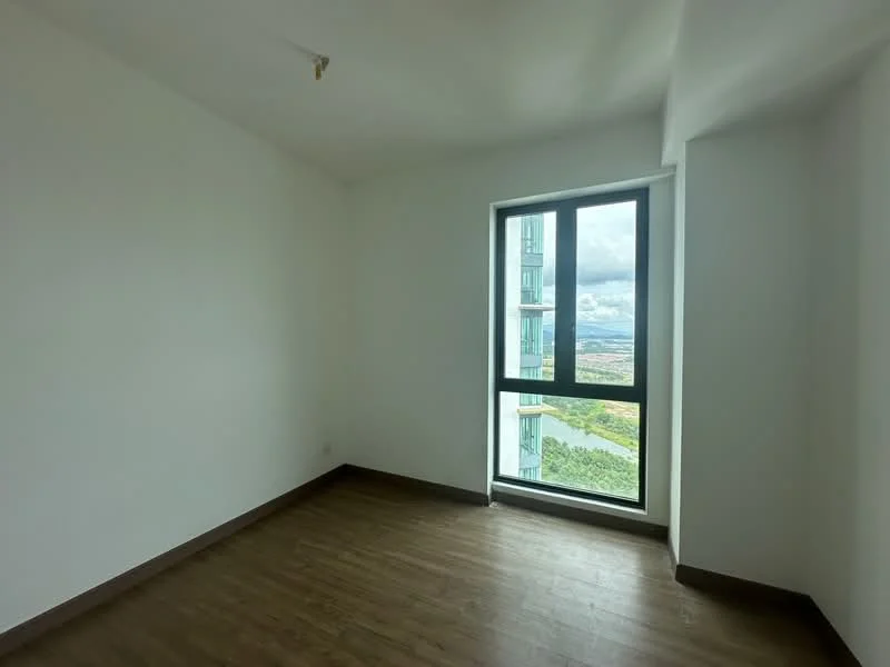 Room features: white painted walls, wooden flooring, floor-to-ceiling window, city view, no visible furniture, single light fixture on ceiling; style: modern; view: city.