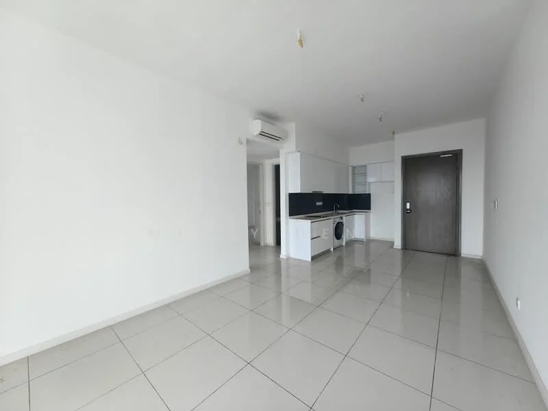 Room features: white painted walls, glossy ceramic tile flooring, recessed downlights, wall-mounted split AC, kitchen area with countertop, built-in cabinets, glass-front upper cabinets, washing machine, open layout, door with handle; style: modern.