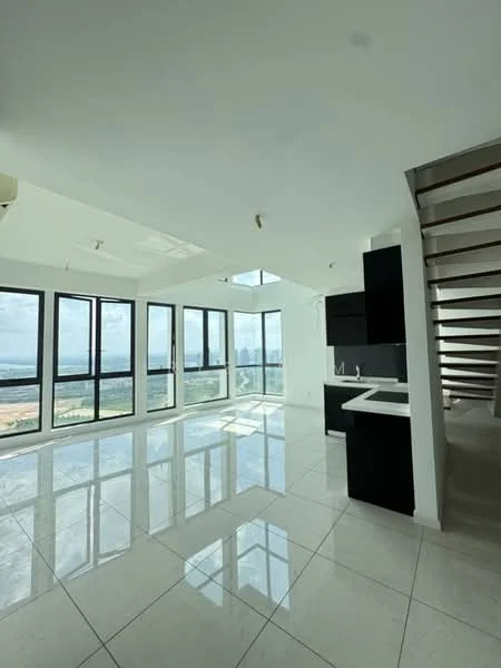 Living features: floor-to-ceiling windows, white painted walls, polished ceramic tile flooring, open-plan layout, high ceiling, staircase with wooden steps, black cabinetry, kitchen island, city view, natural light from multiple angles; style: modern; view: city.