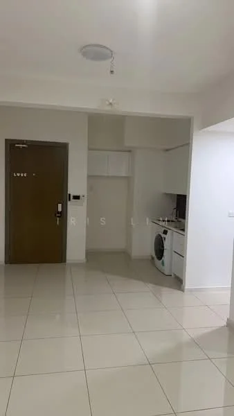 Room features: white painted walls, glossy tile flooring, ceiling light fixture, wall-mounted air conditioning unit, built-in cabinetry, washing machine, open layout, neutral color scheme; style: modern.