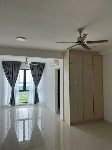 Room features: white painted walls, polished marble flooring, 2 ceiling fans, floor-to-ceiling windows, sheer curtains, built-in wardrobe, recessed ceiling lights; style: modern; view: garden.