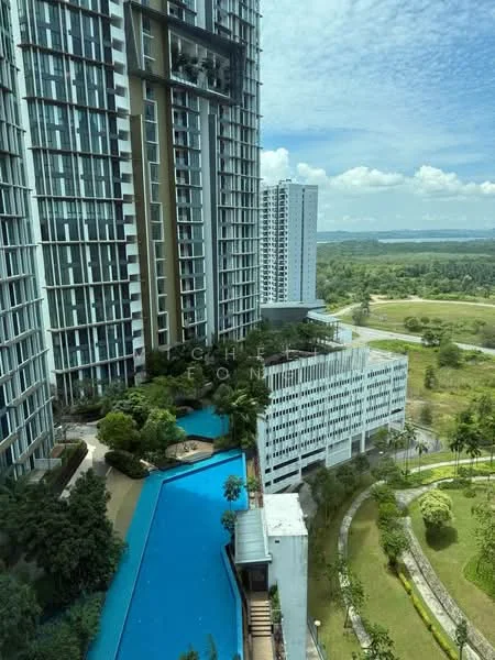 Exterior type: high-rise condominium; features: infinity pool, landscaped garden, manicured lawn, surrounded by greenery, multiple high-rise buildings, pool deck with loungers, water features, open green spaces; style: modern.