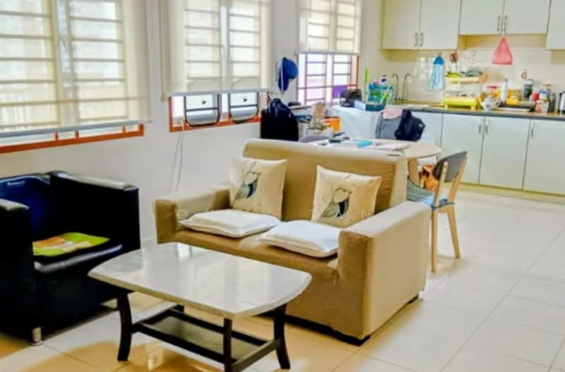 Living features: beige fabric sofa, 2-seater sofa, coffee table with marble top, decorative cushions, floor-to-ceiling windows, white walls, tile flooring, light fixtures, open layout to kitchen, window treatments, black armchair, kitchen area visible in background; style: modern. Kitchen features: light green cabinetry, stainless-steel sink, kitchen countertop, kitchen appliances visible, multiple kitchen utensils, open shelving, tile backsplash, window above sink; style: modern.