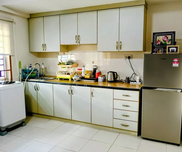 Kitchen features: white cabinetry with silver handles, black countertop, stainless-steel fridge, built-in sink, chrome faucet, kettle, toaster, various kitchen utensils, washing machine, tile flooring, white tiled backsplash, window with sheer curtains; style: modern.