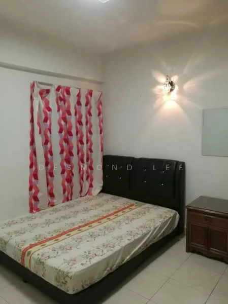 Bedroom features: queen-size bed with upholstered headboard, decorative bedspread with floral pattern, wooden bedside table, wall-mounted light fixture, white painted walls, tile flooring, curtains with red and pink geometric pattern, mirror on wall; style: modern.