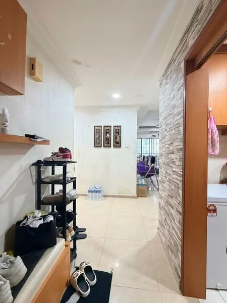 Room features: cream painted walls, tile flooring, recessed downlights, wooden cabinetry, shelves for shoes, decorative wall art, stacked boxes, open space leading to another room; style: modern.