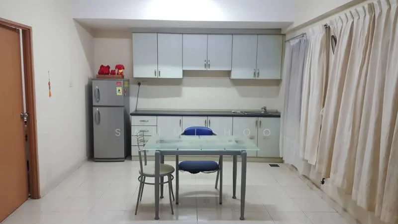 Kitchen features: grey cabinetry, glass-top dining table, two blue chairs, stainless-steel fridge, black countertop, single-bowl stainless-steel sink, chrome pull-down faucet, white tiled flooring, white walls, sheer curtains; style: modern.
