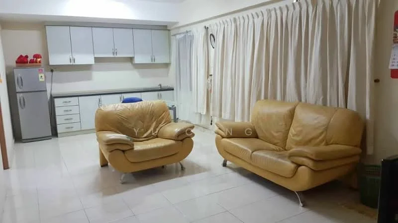 Living features: two beige leather sofas, coffee table, white painted walls, cream tiled flooring, floor-to-ceiling curtains, refrigerator, kitchen cabinetry with grey finish, kitchen countertop, sink, wall-mounted cabinets; style: modern.