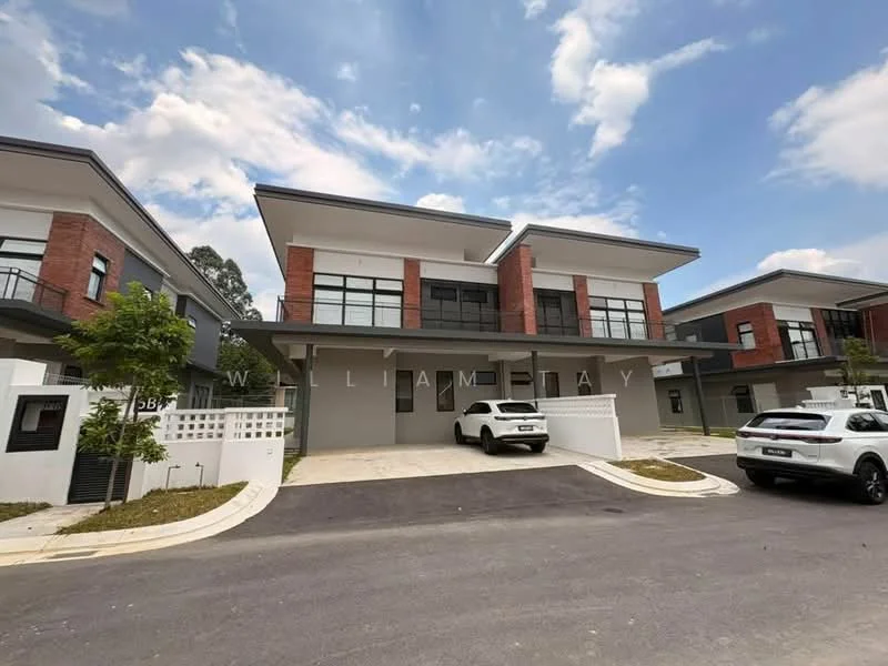 Exterior type: semi-detached house; features: red brick facade, white painted facade, flat roof, two-storey, manicured lawn, driveway with interlocking pavers, large windows, balconies on upper floor, surrounded by greenery; style: modern.