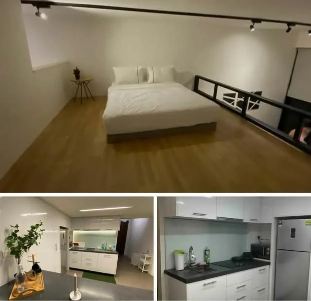 Room features: wooden flooring, white painted walls, exposed ceiling beams, large window with natural light, double bed with white bedding, small side table, kitchenette with white cabinetry, black countertop, stainless-steel sink, built-in stove, refrigerator, greenery in ceramic pot; style: modern.