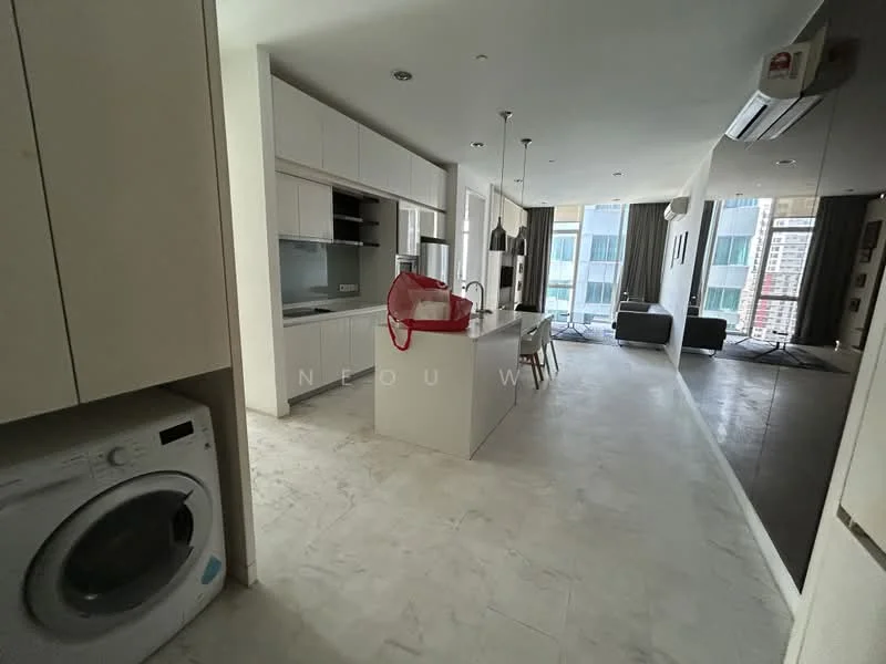Kitchen features: white cabinetry, island with seating, stainless-steel sink, built-in oven, ceramic tile flooring, recessed downlights, open shelving, microwave, chrome pull-down faucet; style: modern; view: city. Living features: floor-to-ceiling windows, grey fabric sofa, coffee table, TV console, area rug, curtains, air conditioning unit; style: modern; view: city. Laundry features: front-load washing machine.