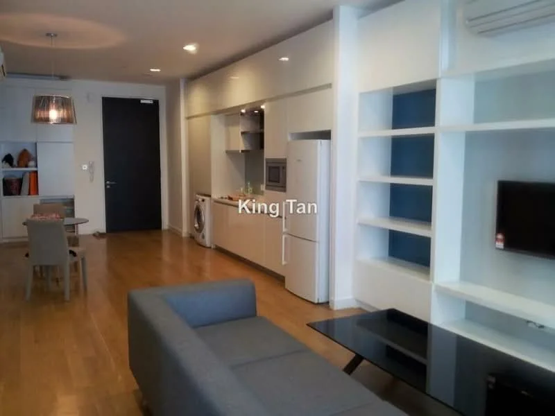 Living features: grey fabric sofa, black glass coffee table, wall-mounted TV, built-in shelving unit, light wood flooring, recessed downlights, air conditioning unit, open-plan layout, dining table with chairs, white cabinetry, stainless-steel fridge, built-in oven, washing machine; style: modern.