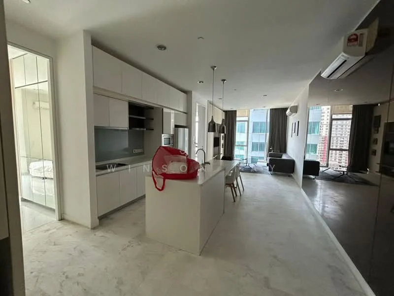 Kitchen features: white cabinetry, marble flooring, island with seating, stainless-steel fridge, built-in oven, microwave, 4-burner gas hob, chrome pull-down faucet, single-bowl stainless-steel sink, pendant lighting, open layout, floor-to-ceiling windows, city view; style: modern; view: city. Living features: sofa, coffee table, TV console, area rug, floor-to-ceiling windows, curtains, open layout; style: modern; view: city.
