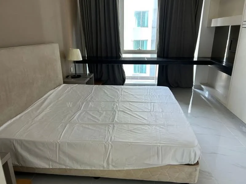 Bedroom features: queen-size bed, upholstered headboard, nightstand with lamp, floor-to-ceiling window, grey curtains, built-in wardrobe, desk with chair, polished tile flooring, neutral wall color; style: modern.