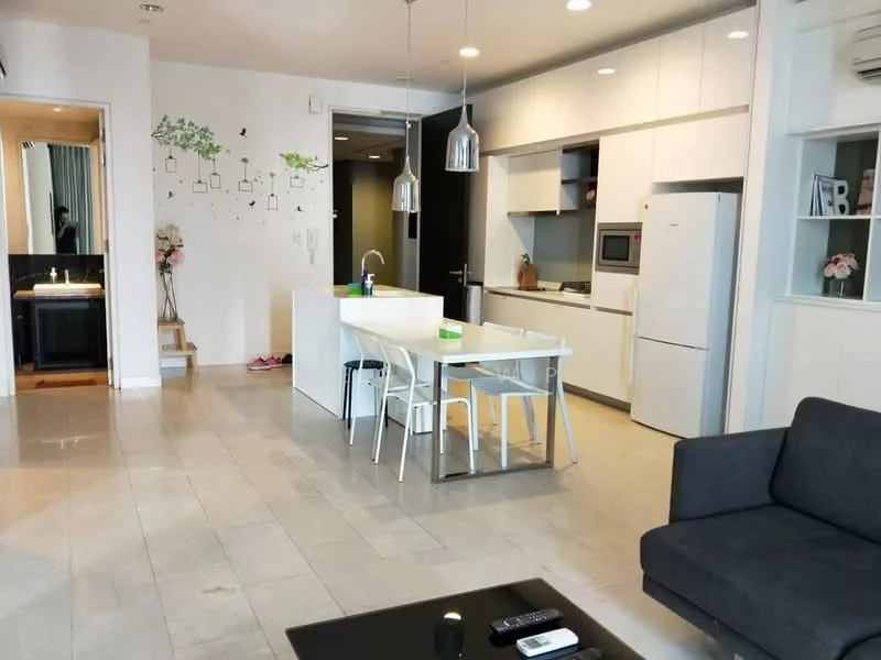 Kitchen features: white cabinetry, marble countertop, stainless-steel sink, chrome pull-down faucet, built-in oven, microwave, stainless-steel fridge, 4-burner gas hob, pendant lighting, open shelving, dining table with 4 chairs, wall-mounted split AC, tile flooring, decorative wall art; style: modern. Living features: 3-seater fabric sofa in grey, coffee table, TV console, wall-mounted TV, area rug, floor-to-ceiling windows, light-colored walls; style: modern. Room features: light fixtures, neutral color palette, open layout.
