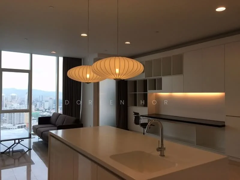 Kitchen features: white cabinetry, marble countertop, single-bowl stainless-steel sink, chrome pull-down faucet, pendant lighting, open shelving, built-in cabinets, floor-to-ceiling windows, city view, grey sofa, coffee table, curtains, recessed lighting; style: modern; view: city.