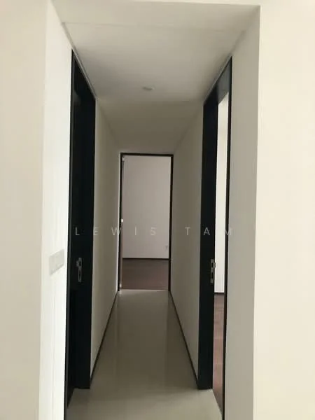 Hallway features: white painted walls, grey tiled flooring, recessed ceiling lights, black door frames, two doorways on either side, narrow corridor layout; style: modern.