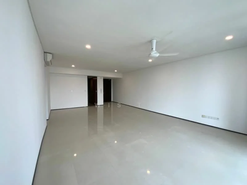 Living features: white painted walls, polished ceramic tile flooring, recessed downlights, 5-blade ceiling fan, wall-mounted split AC, open layout, large unobstructed space, neutral color scheme; style: modern.