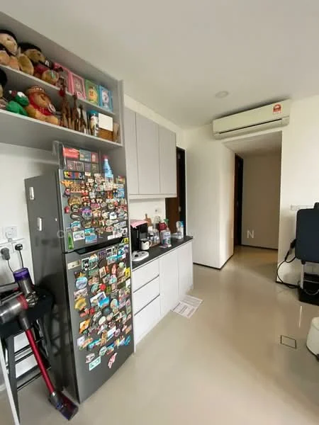 Kitchen features: grey cabinetry, white countertop, stainless-steel fridge with magnets, built-in microwave, kettle, toaster, open shelving with collectibles, wall-mounted air conditioning unit, vinyl flooring, light-colored walls, recessed lighting; style: modern. Room features: doorway leading to hallway, light-colored walls, vinyl flooring.
