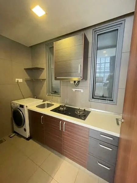 Kitchen features: single-bowl stainless-steel sink, chrome pull-down faucet, built-in gas hob, built-in oven, white laminate countertop, dark wood cabinetry, grey tile backsplash, washing machine, wall-mounted shelf, floor-to-ceiling windows, grey ceramic tile flooring, recessed downlights; style: modern; view: city.