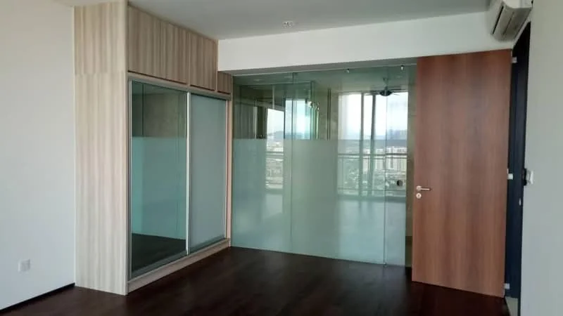 Room features: glass partition wall, wooden door, wood paneling on wall, dark wood flooring, air conditioning unit, floor-to-ceiling windows, city view, neutral painted walls; style: modern; view: city.