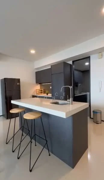 Kitchen features: black cabinetry, white countertop, stainless-steel sink, chrome pull-down faucet, bar stools, built-in oven, refrigerator, open shelving, tile flooring, recessed downlights; style: modern.