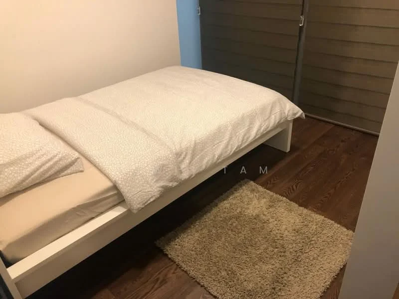 Bedroom features: queen-size bed with white bedding, wooden bed frame, light brown wooden flooring, beige area rug, blue accent wall, sliding door with wooden slats, minimalist decor; style: modern.
