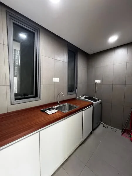 Laundry features: single-bowl stainless-steel sink, chrome pull-down faucet, wood countertop, white cabinetry, grey tiled walls, grey tiled flooring, two windows, built-in washing machine, recessed LED downlights; style: modern.