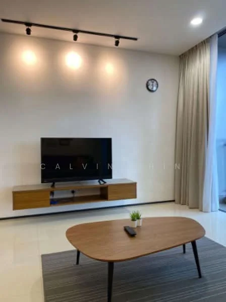 Living features: wall-mounted TV, wooden TV console, round coffee table, area rug with striped pattern, recessed ceiling lights, wall clock, floor-to-ceiling curtains, cream painted walls, tile flooring; style: modern.