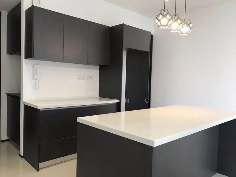 Kitchen features: black cabinetry, white quartz countertop, kitchen island, pendant lighting with geometric design, built-in appliances, minimalist design, open layout, smooth surface flooring; style: modern.