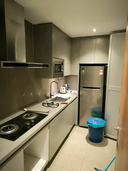 Kitchen features: grey cabinetry, stainless-steel range hood, built-in oven, 2-burner gas hob, stainless-steel fridge, microwave, white countertop, tile backsplash, ceramic tile flooring, recessed downlights, kitchen sink, blue trash bin; style: modern.