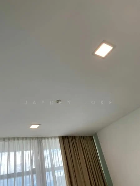 Room features: recessed LED downlights, sheer curtains, floor-to-ceiling windows, cream painted walls, light-coloured flooring; style: modern; view: city.