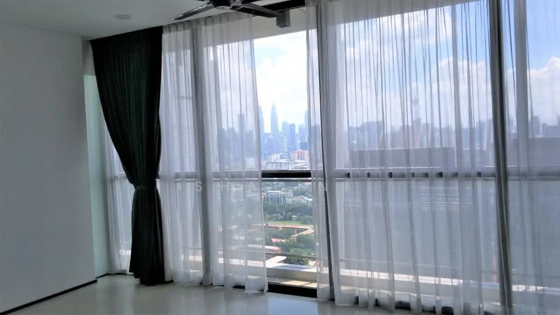 Room features: floor-to-ceiling windows, sheer curtains, blackout curtains, city view, white walls, light-colored flooring, ceiling fan; style: modern; view: city.