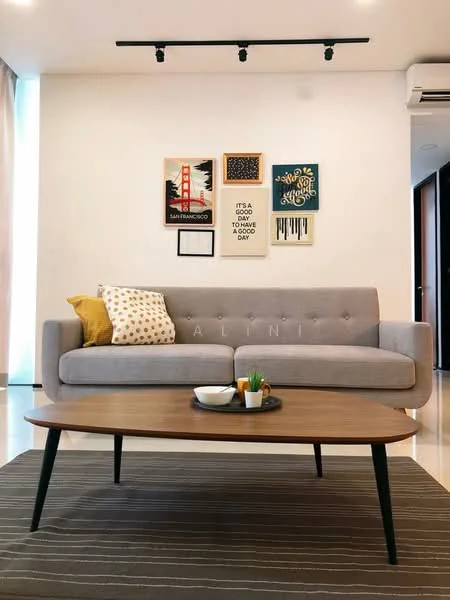Living features: 3-seater fabric sofa in grey, decorative yellow throw pillow, wooden coffee table, area rug with striped pattern, framed artwork on walls, recessed LED downlights, floor-to-ceiling windows, wall-mounted air conditioning unit; style: modern.