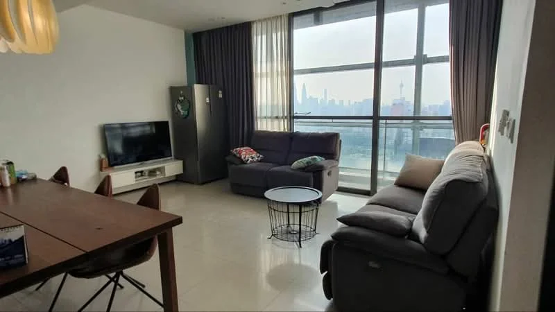 Living features: floor-to-ceiling windows, grey fabric sofa, 2-seater sofa, coffee table, TV console, wall-mounted TV, dining table with chairs, light-colored tiled flooring, curtains, decorative cushions; style: modern; view: city.