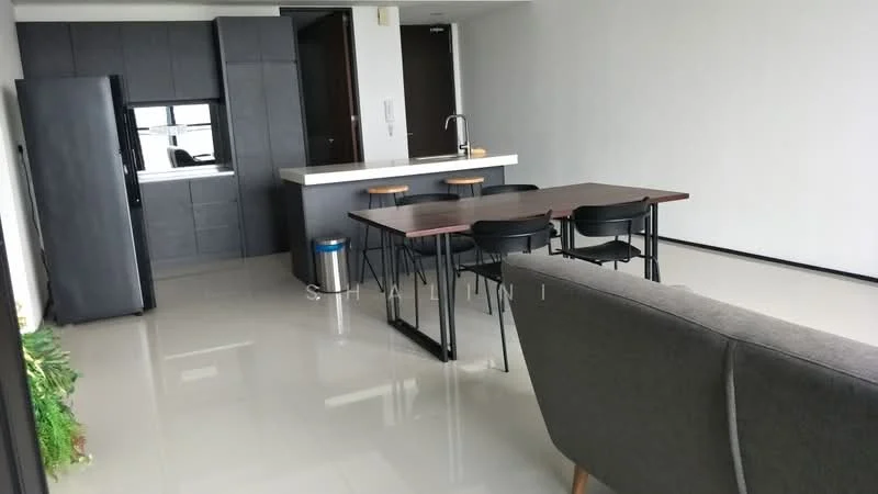 Living features: grey fabric sofa, dining table with black metal legs, 4 black dining chairs, bar stools at kitchen counter, white countertop, black cabinetry, stainless-steel refrigerator, floor-to-ceiling windows, glossy tile flooring, recessed downlights, greenery in planter, open layout; style: modern.