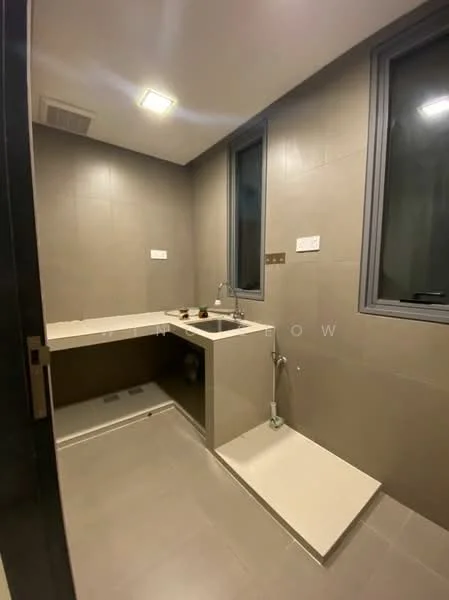 Laundry features: grey tiled walls, light grey floor tiles, single-bowl stainless-steel sink, chrome pull-down faucet, countertop with storage space, two windows, overhead lighting, drainage area; style: modern.