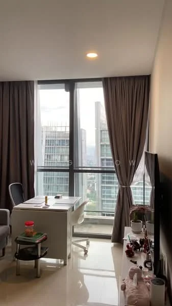 Room features: floor-to-ceiling windows, grey curtains, white walls, polished tile flooring, desk with chair, TV console, decorative items on console, city view, light fixture in ceiling; style: modern; view: city.