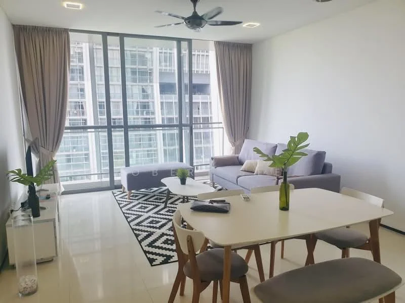 Living features: 3-seater fabric sofa in grey, coffee table, area rug with geometric pattern, floor-to-ceiling windows, sheer curtains, ceiling fan, decorative plants in ceramic pots, TV console; style: modern; view: city. Dining features: 6-seater dining table, white dining chairs, decorative vase with plant; style: modern; view: city.